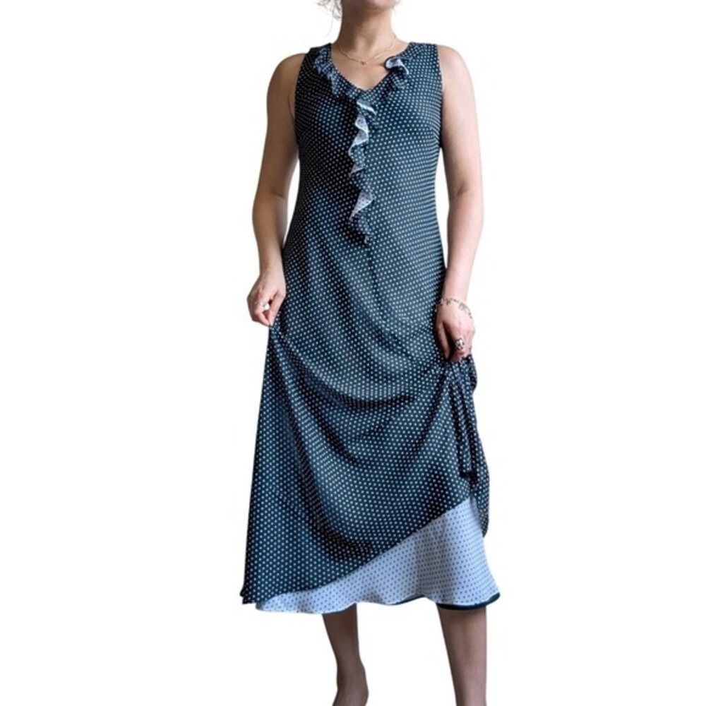 Vintage Y2K Whimsy Elegant Maximalist Ruffle Neckline Polka Dot Maxi Dress